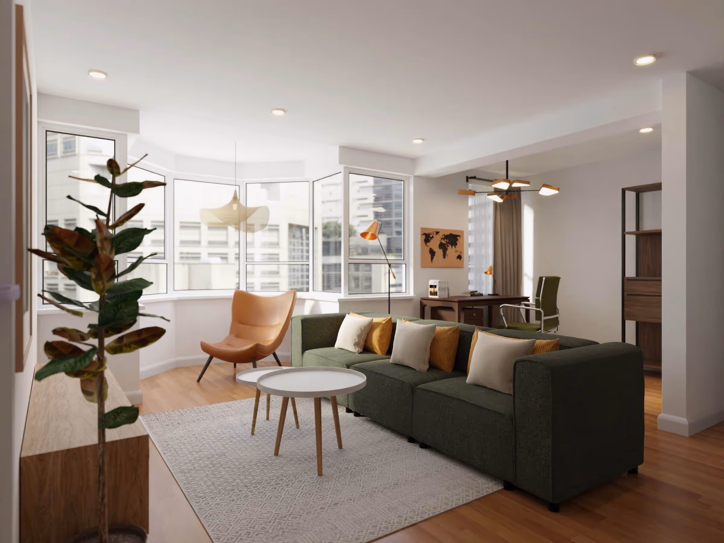 Open plan living room and home office with green sofa, orange accent chair, and bay windows in a modern city apartment