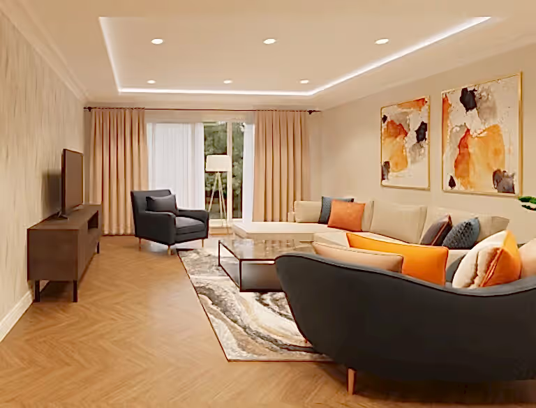 Elegant living room with blue accent chair and abstract wall art