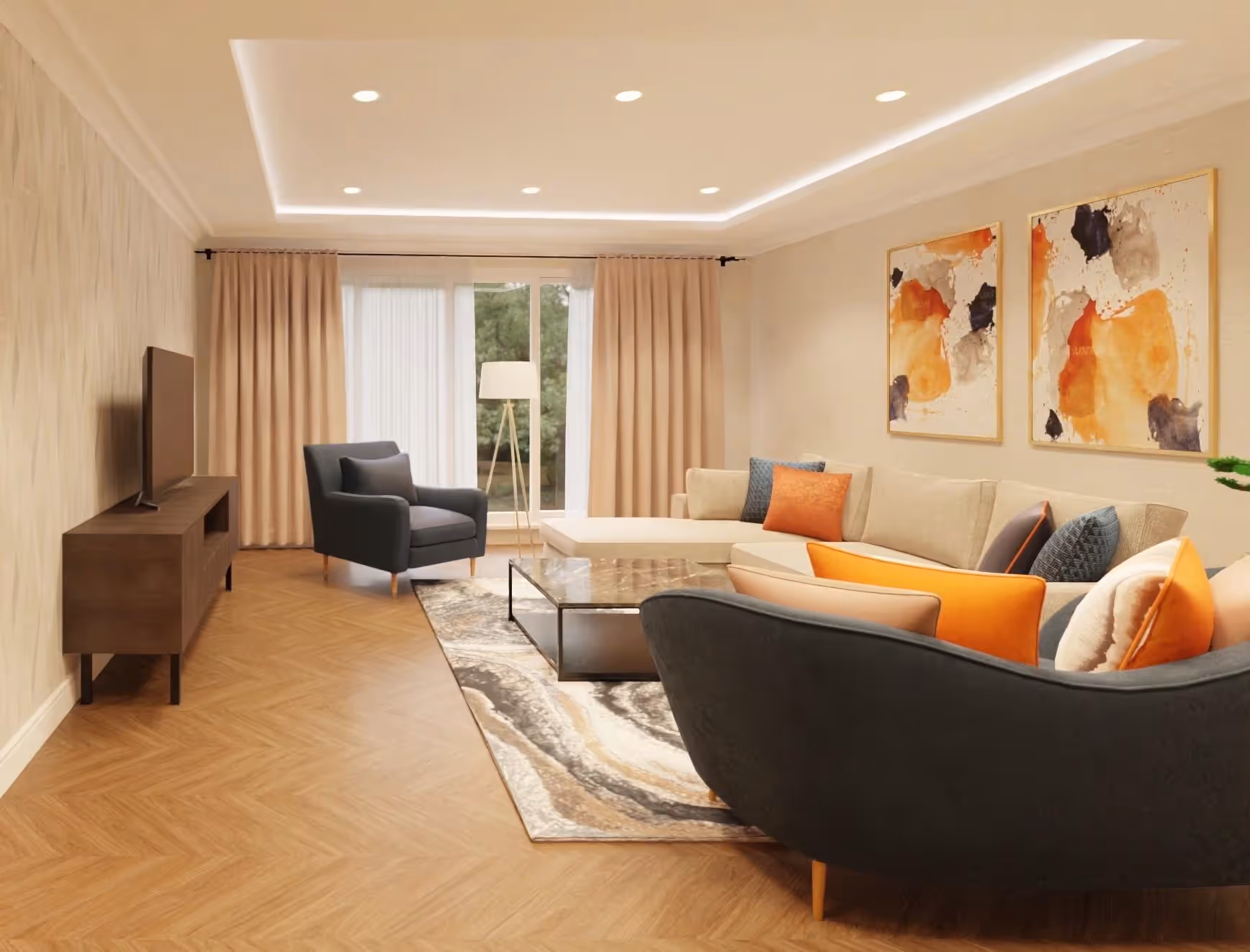 Elegant living room with blue accent chair and abstract wall art