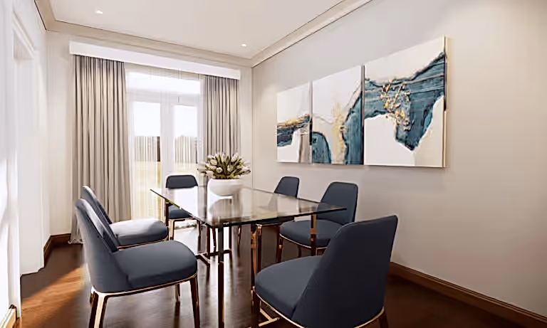 Modern dining room ideas with glass table and blue chairs