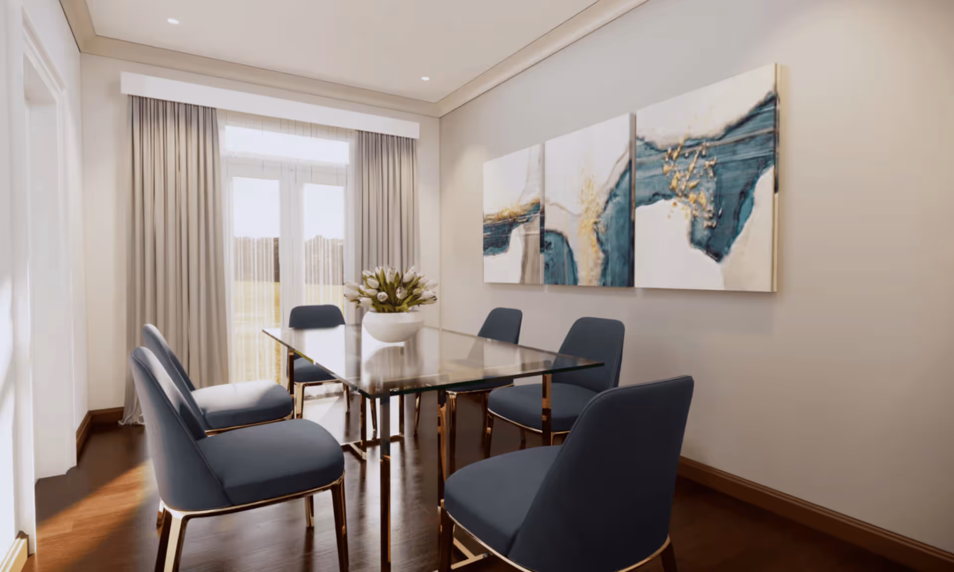 Modern dining room ideas with glass table and blue chairs