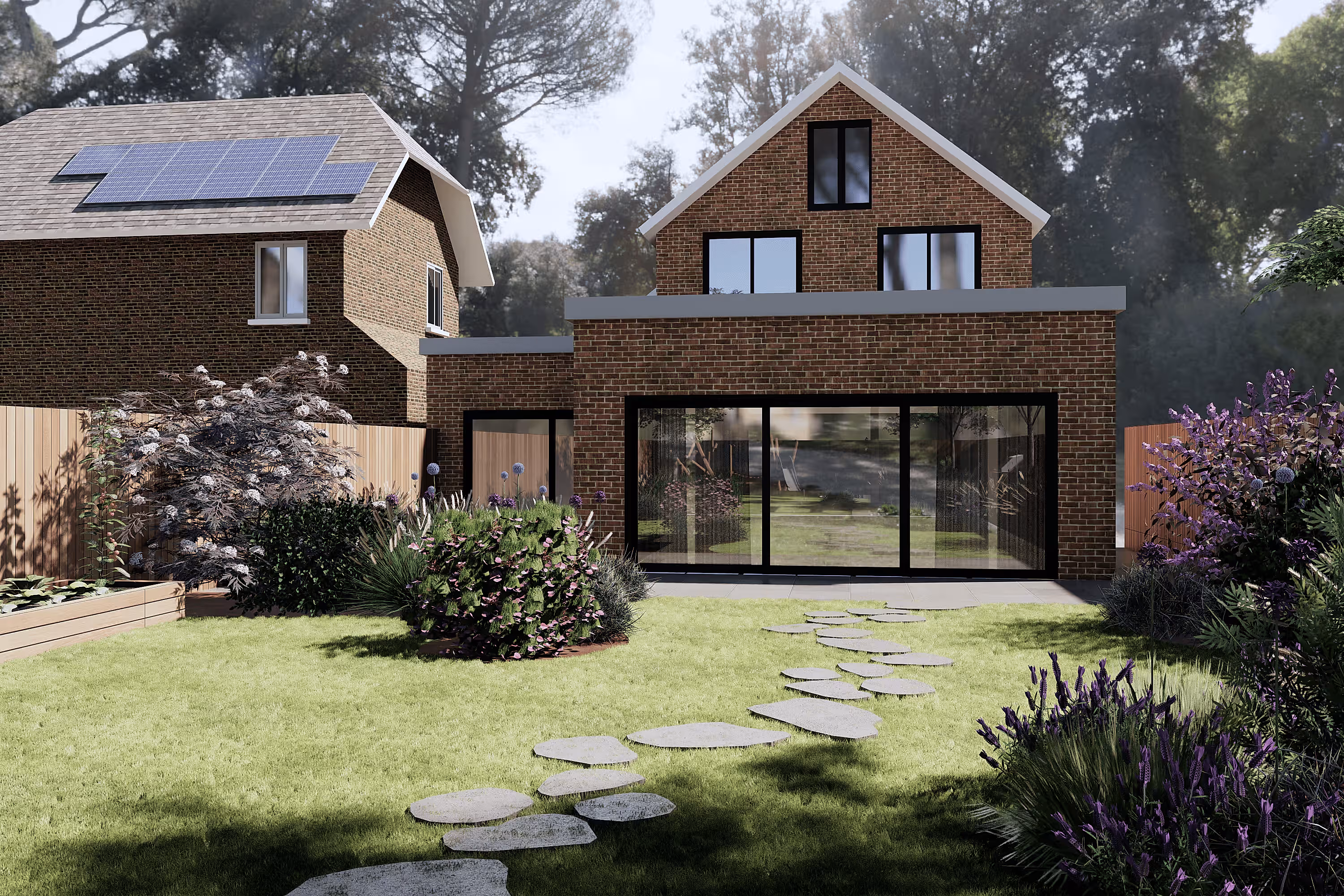 Heritage-style brick home with a modern rear extension, large glazing, solar panels, and a landscaped garden with lush planting and a winding stone path.