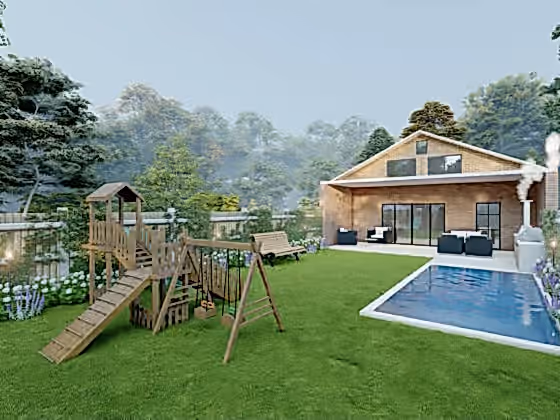 Large garden designed with swimming pool, outdoor kitchen and kids play area.