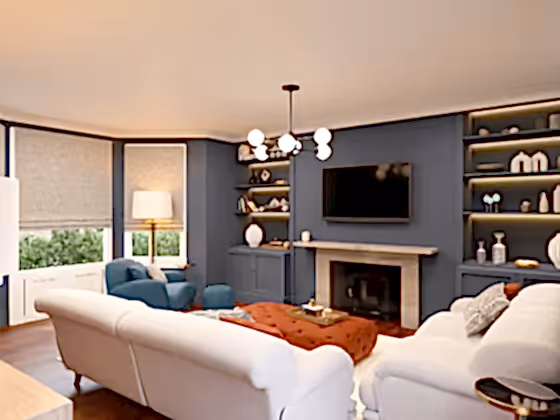 Sapphire Hues: A Modern Sitting Room with Alcoves