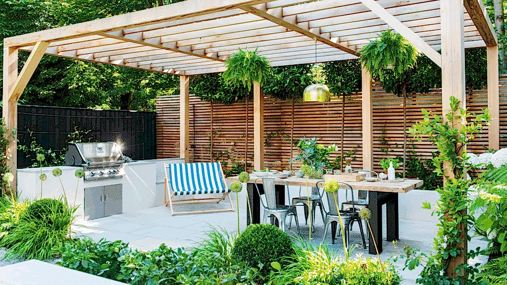 UK garden designed with Mediterranean-style elements including drought-tolerant plants, terracotta pots, stone walls, and gravel pathways.